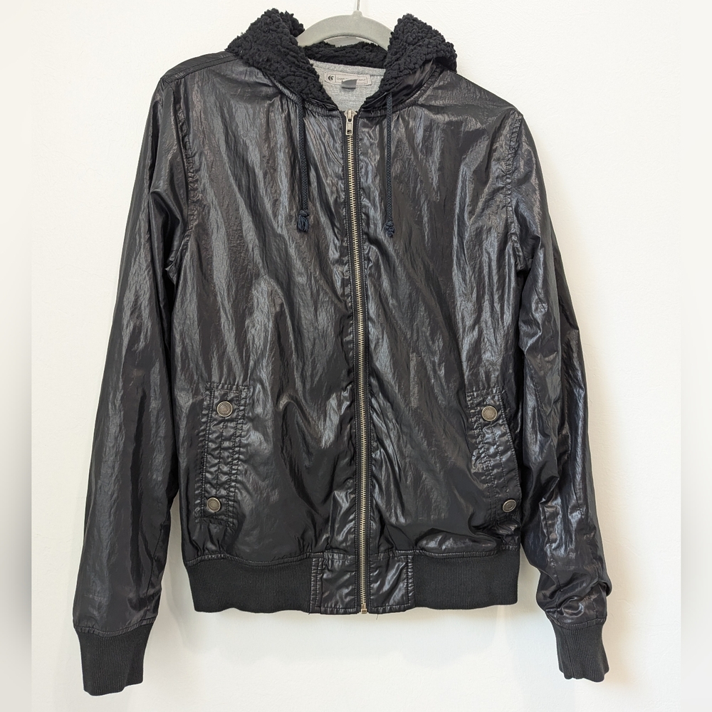 Charles And A Half Men’s Black Bomber Jacket Hooded Sherpa Lined Zip-Up Size M